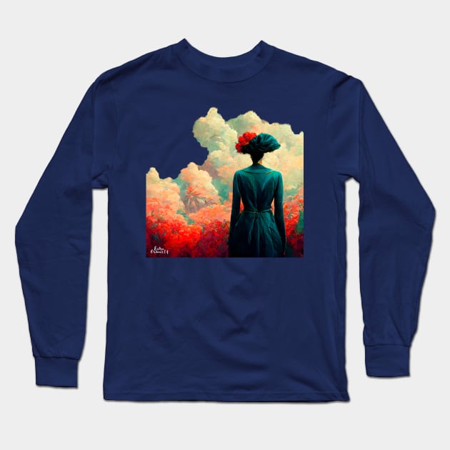 Back woman with floral hair Long Sleeve T-Shirt by extraordinar-ia